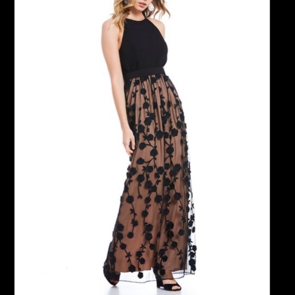BELLE BADGLEY MISCHKA Black Mesh Halter Maxi Dress
